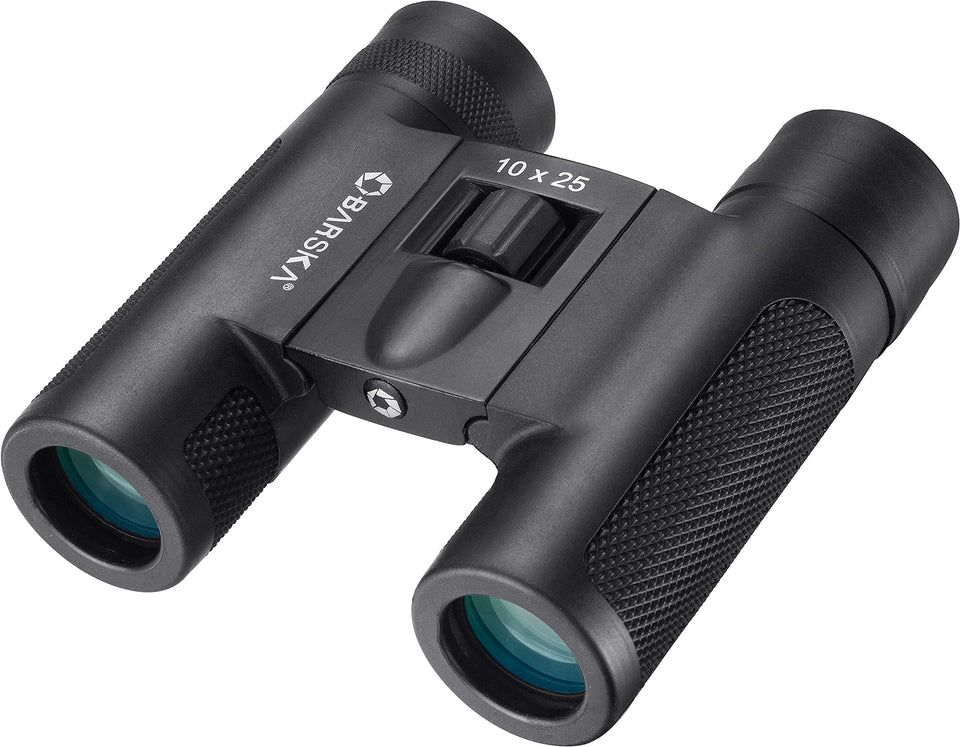 Barska Lucid View front packaging showing compact binoculars and labels, ideal for travel