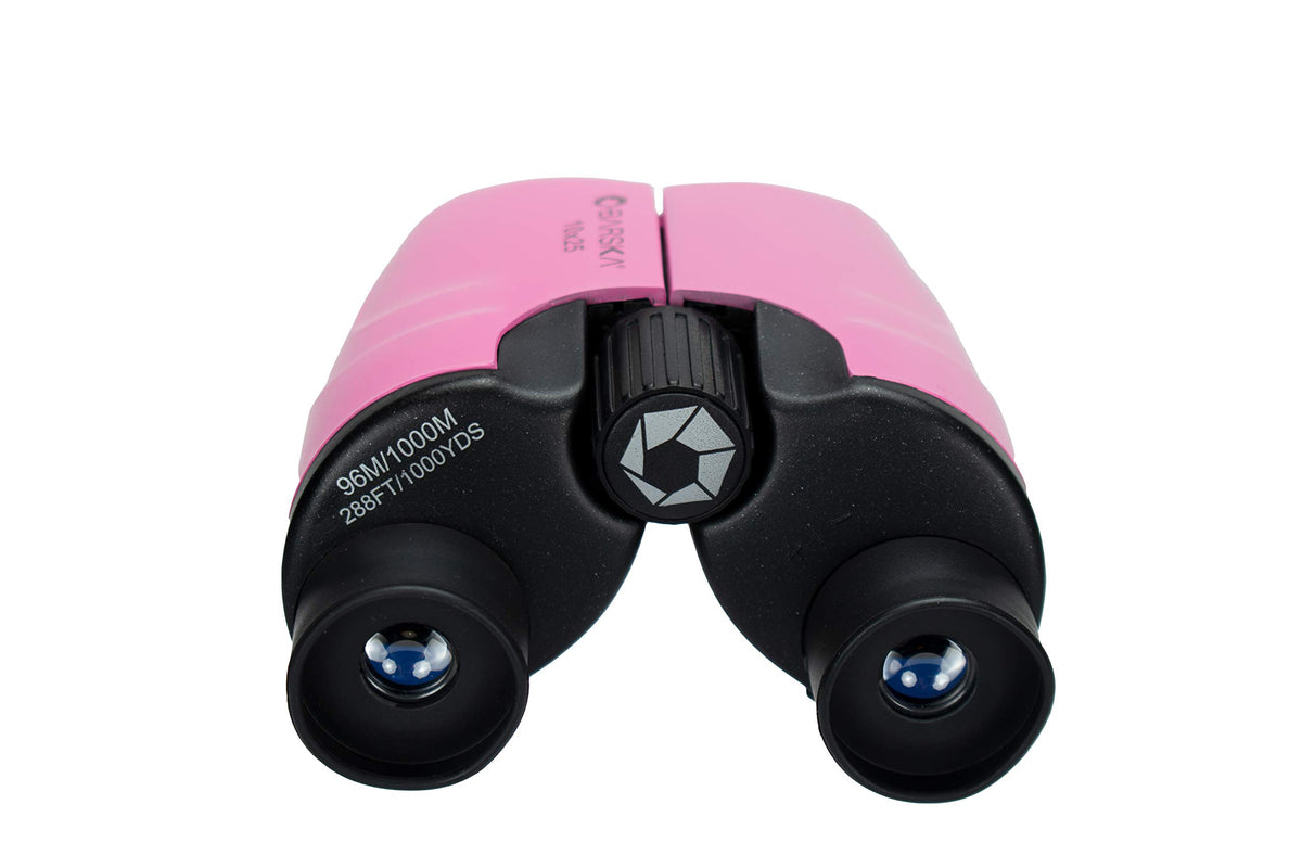 BARSKA pink binoculars include neck strap and pouch for travel convenience.