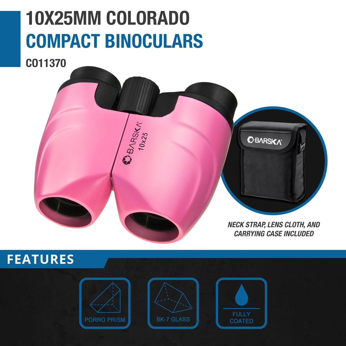 BARSKA pink porro binoculars eye relief and 10x magnification for birdwatching.