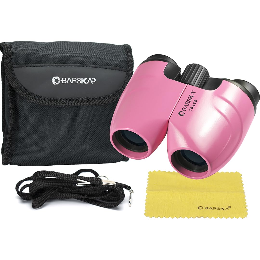 BARSKA pink porro binoculars front view, compact and lightweight for hiking.