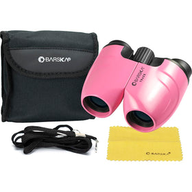 BARSKA pink porro binoculars front view, compact and lightweight for hiking.