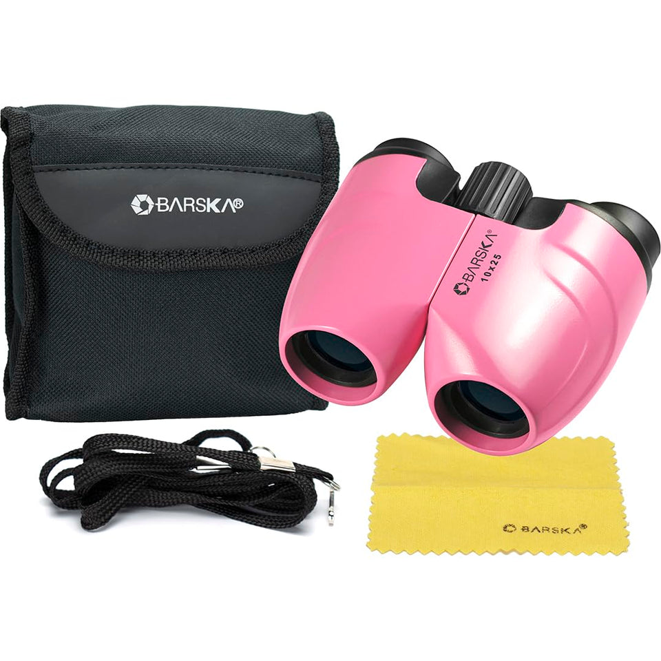 BARSKA pink porro binoculars front view, compact and lightweight for hiking.