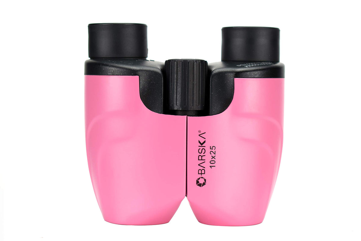 BARSKA pink porro binoculars center focus knob for quick adjustments.