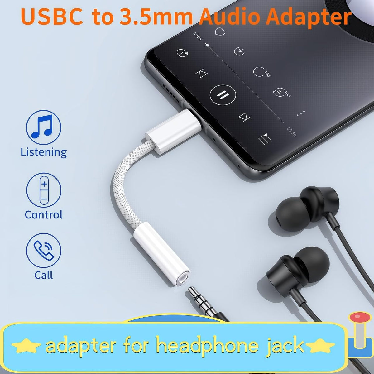 Basecolors USB-C to 3.5mm adapter compatible with iPhone and Samsung devices.
