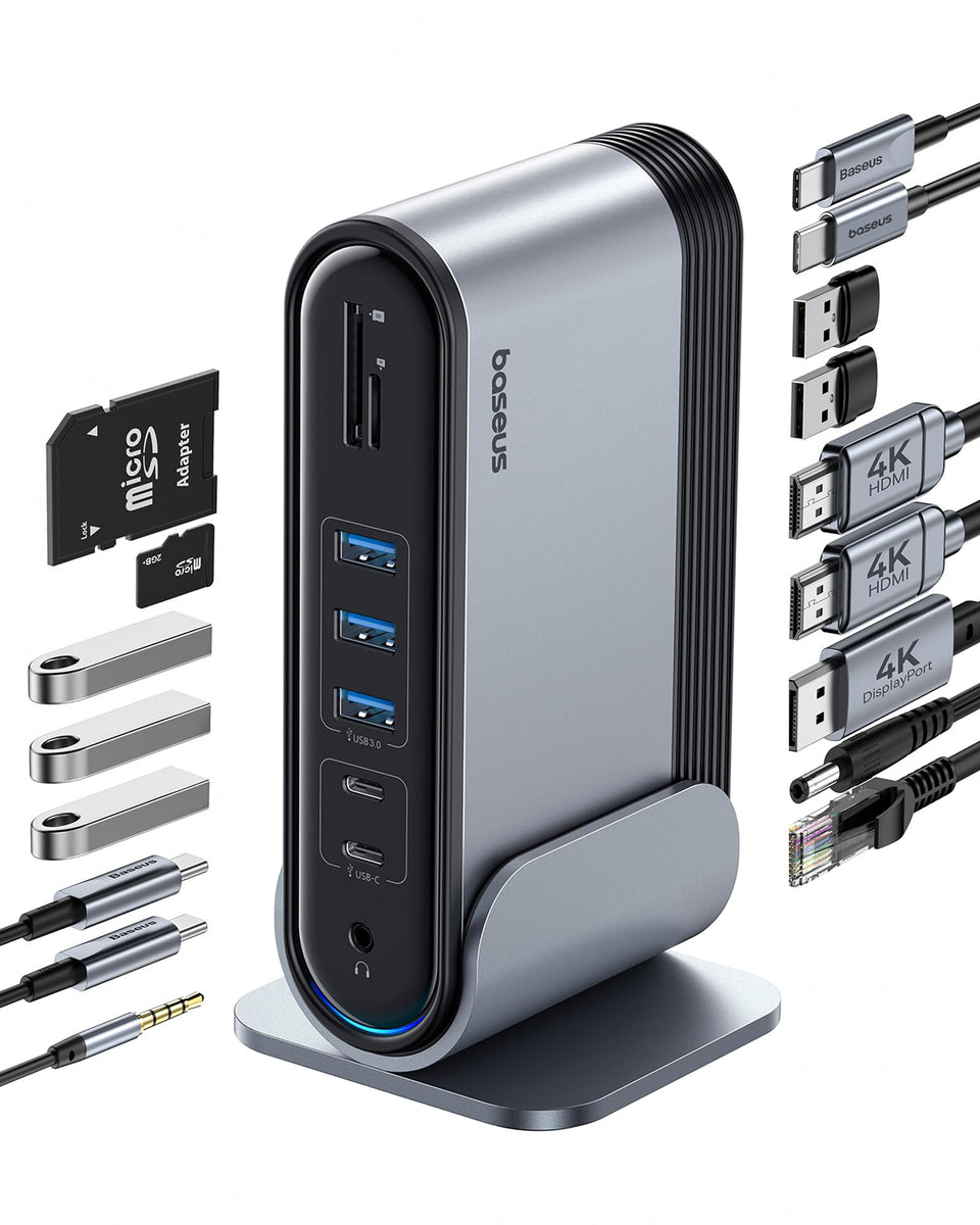 Baseus 17-in-1 docking station front view for a neat, multi-monitor workspace