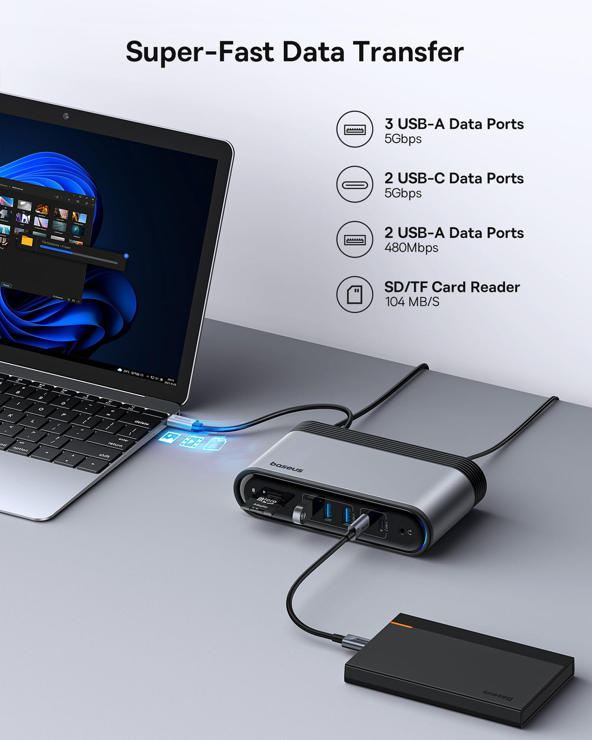Baseus USB ports close-up emphasizing high-speed, versatile connectivity