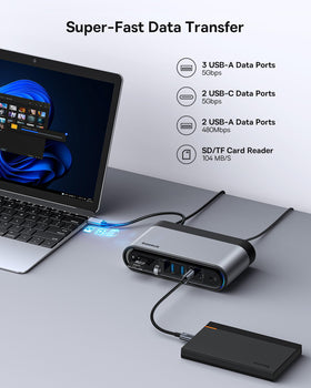 Baseus USB ports close-up emphasizing high-speed, versatile connectivity