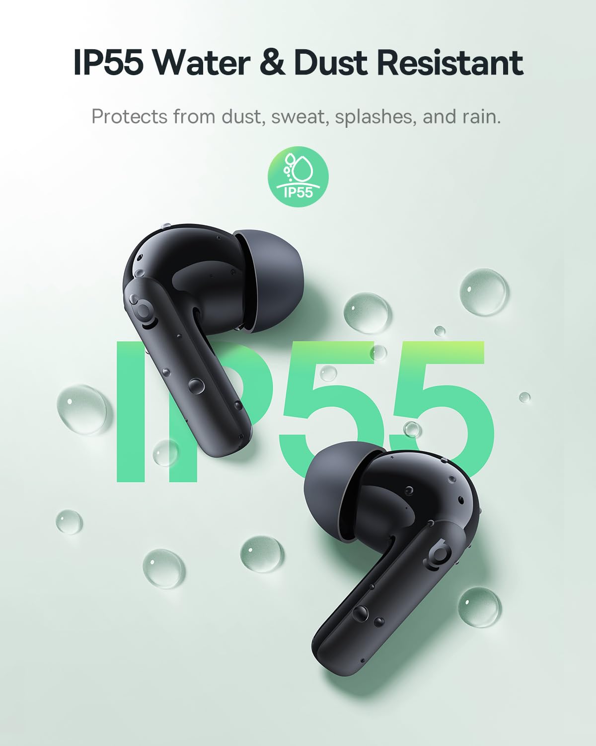 Baseus Bass BP1 IP55 label highlights water and sweat resistance.