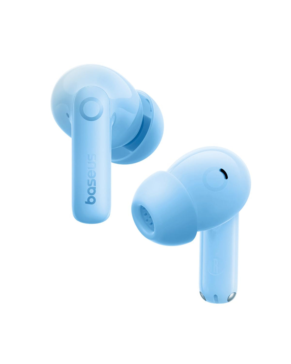 Baseus Bass BP1 Pro front view with open charging case showing earbuds, highlights portability