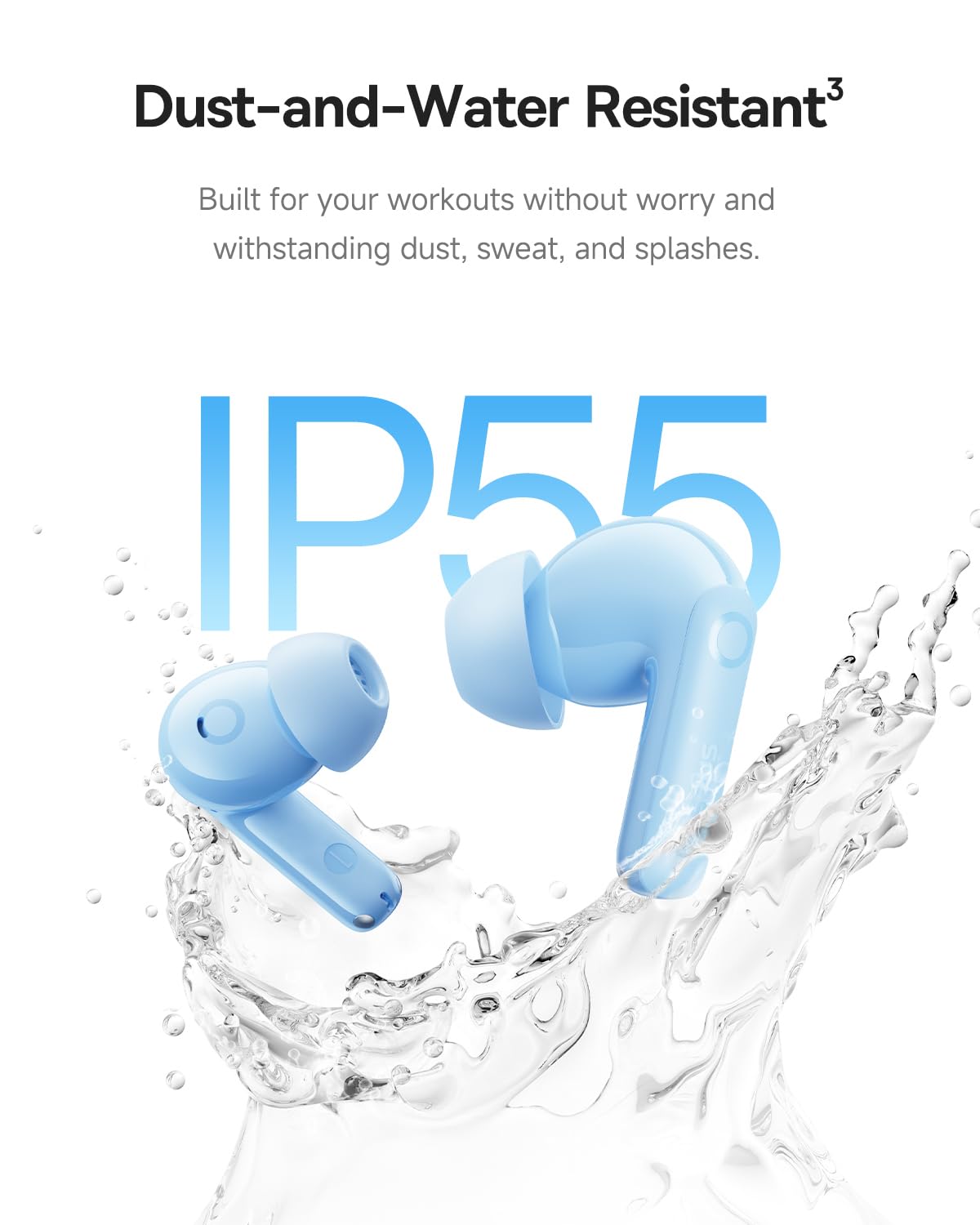 Baseus Bass BP1 Pro earbuds with water droplets demonstrating IP55 resistance for active use