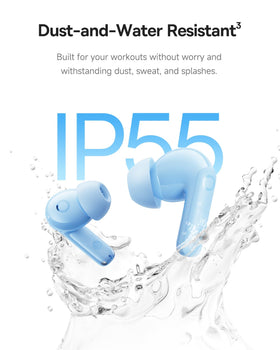 Baseus Bass BP1 Pro earbuds with water droplets demonstrating IP55 resistance for active use
