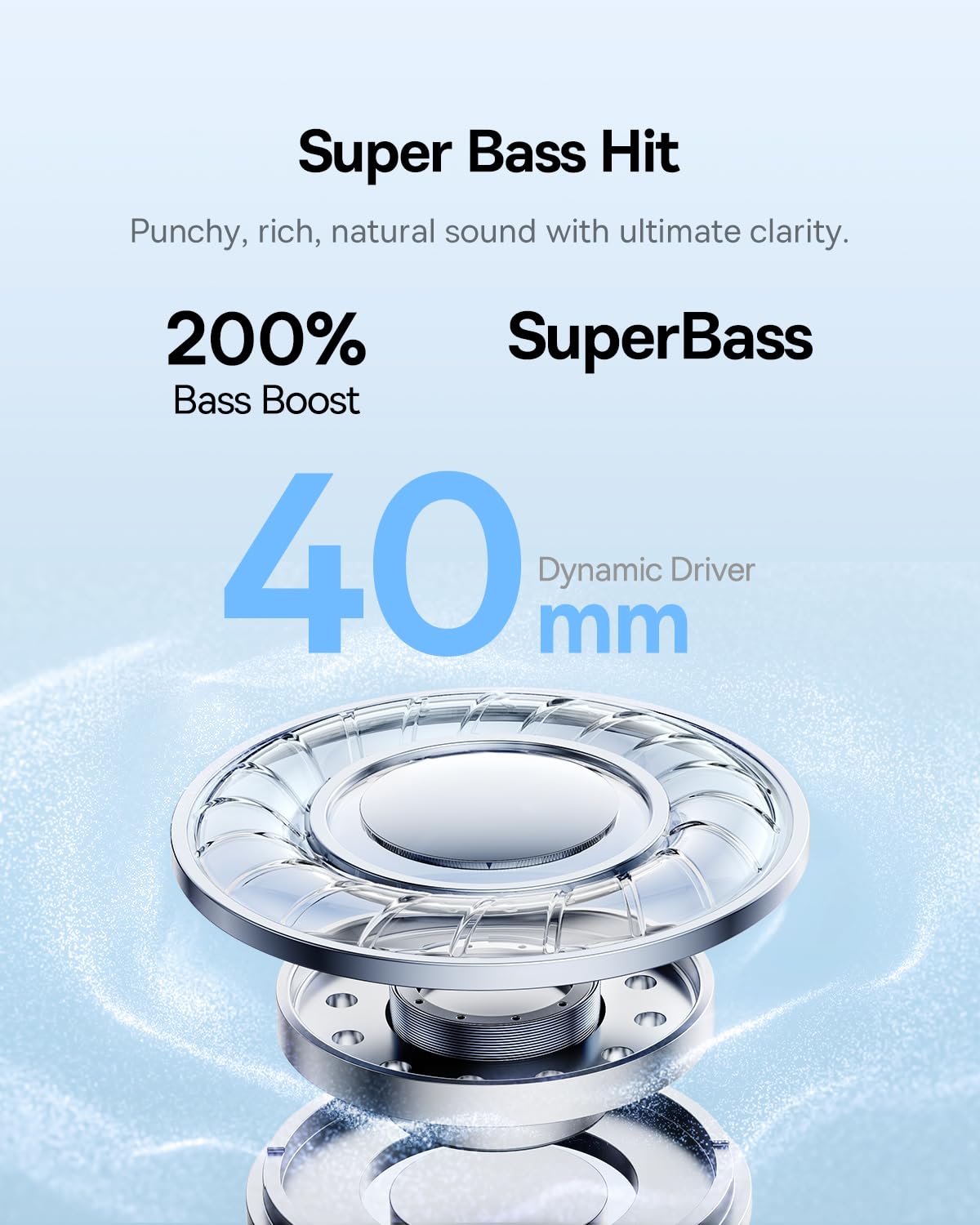 Baseus BH1 Lite earcup close-up showing 40mm driver detail for deep SuperBass