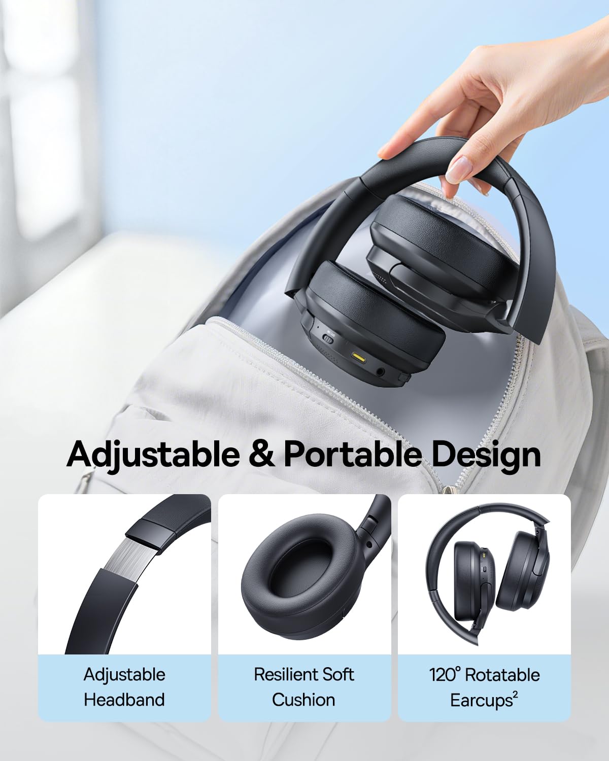 Baseus BH1 Lite beside a passport showing lightweight travel size advantage