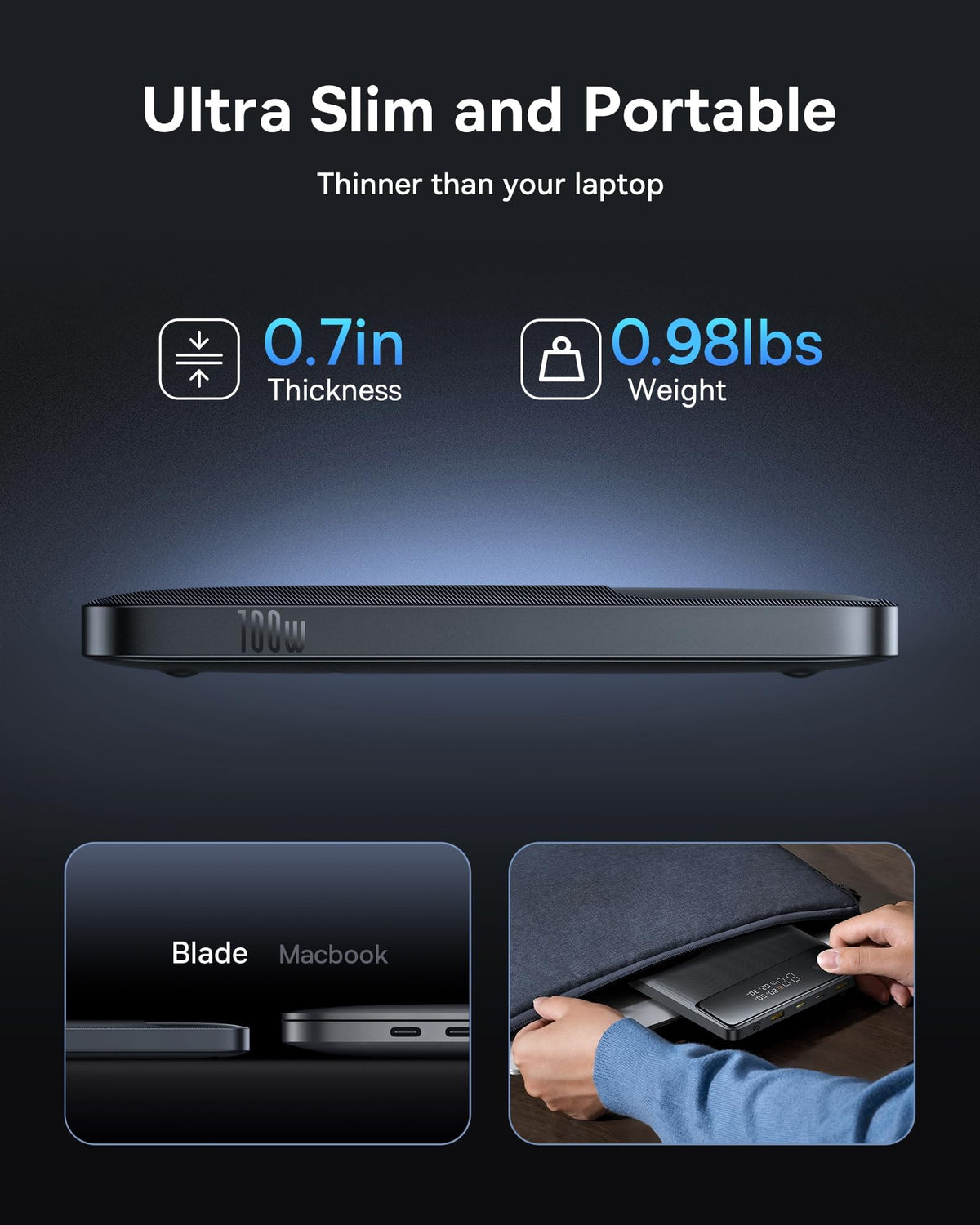 Baseus Blade 100W power bank back view shows slim profile for travel.