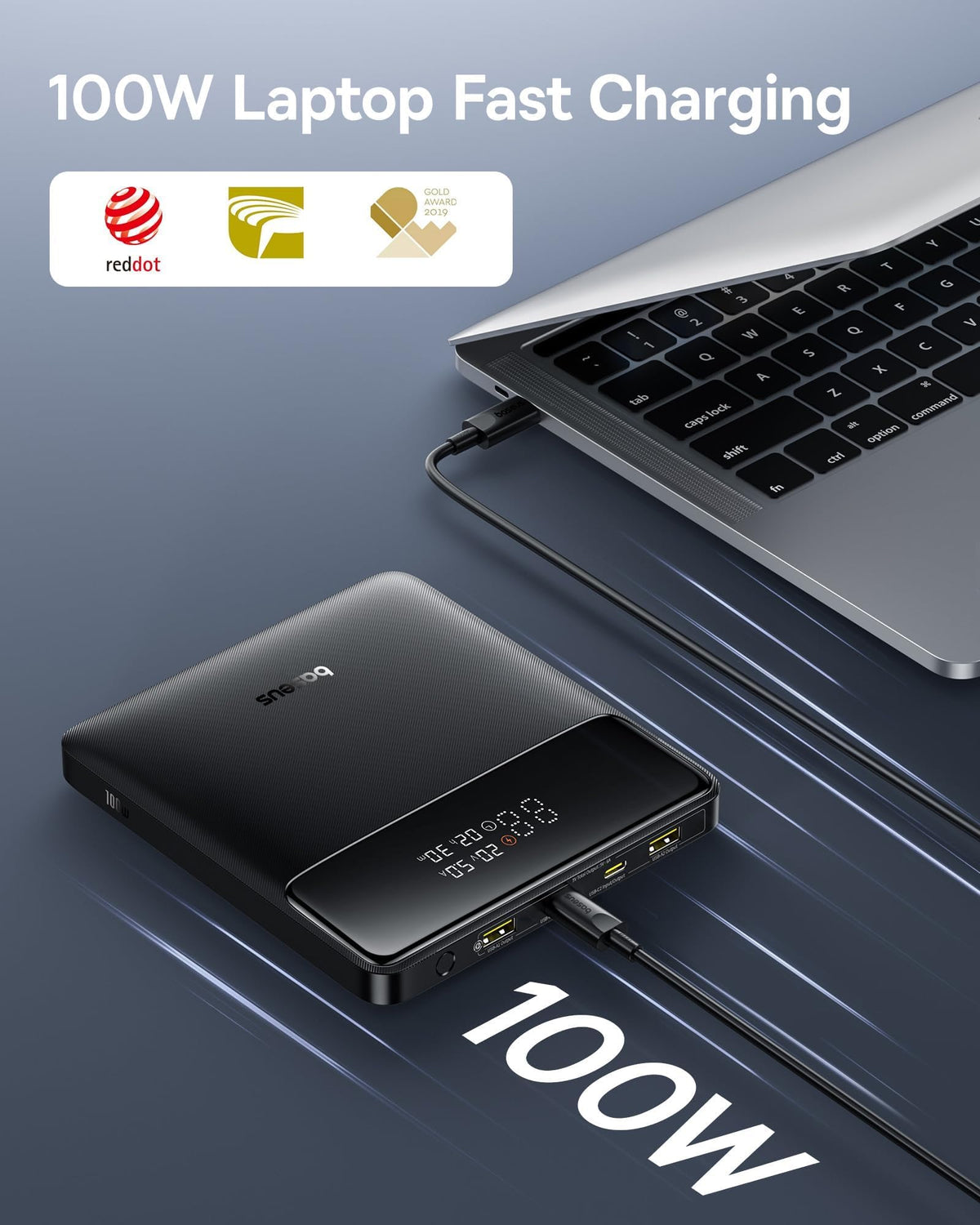 Baseus Blade 100W power bank ports with USB-C and USB-A for versatility.