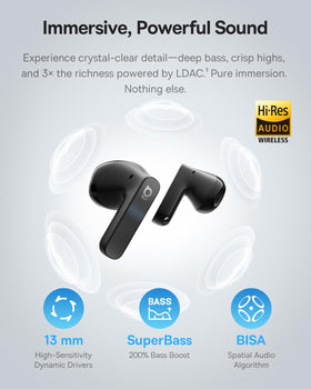 Baseus BS1 NC charging case open with earbuds seated, highlighting long battery life