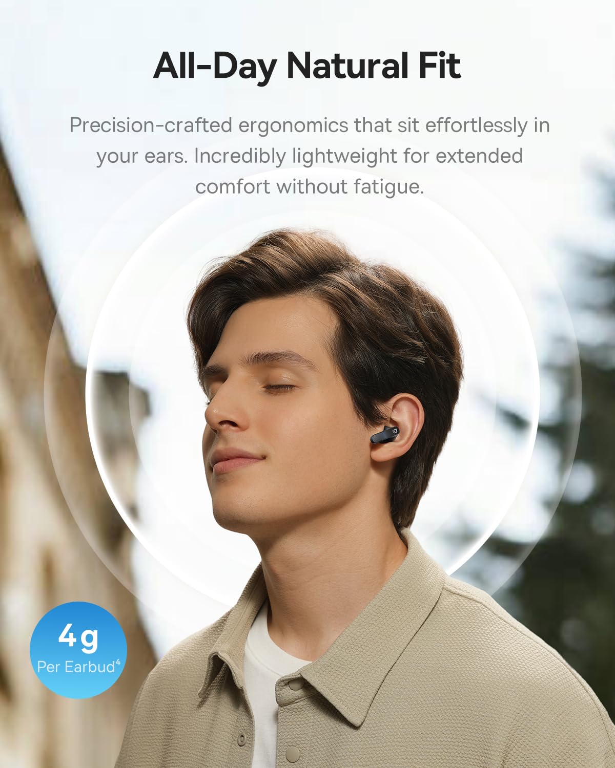 Baseus BS1 NC worn on ear to show 4g lightweight fit and secure everyday wear