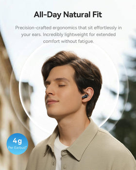 Baseus BS1 NC worn on ear to show 4g lightweight fit and secure everyday wear