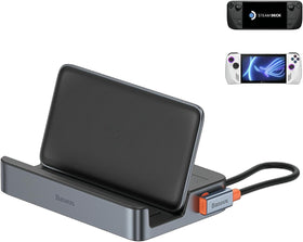 Baseus dock front view showing ports and compact design for tidy setup