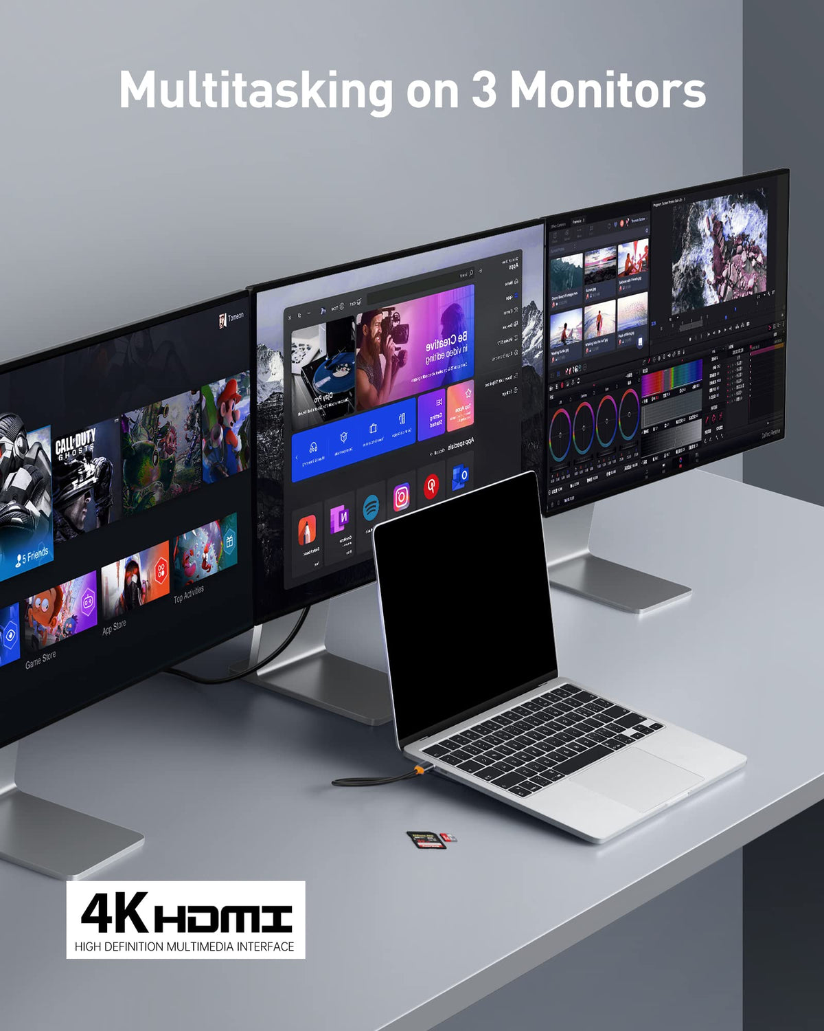 Baseus docking station triple 4K displays, ideal for creative workflows and immersive viewing.