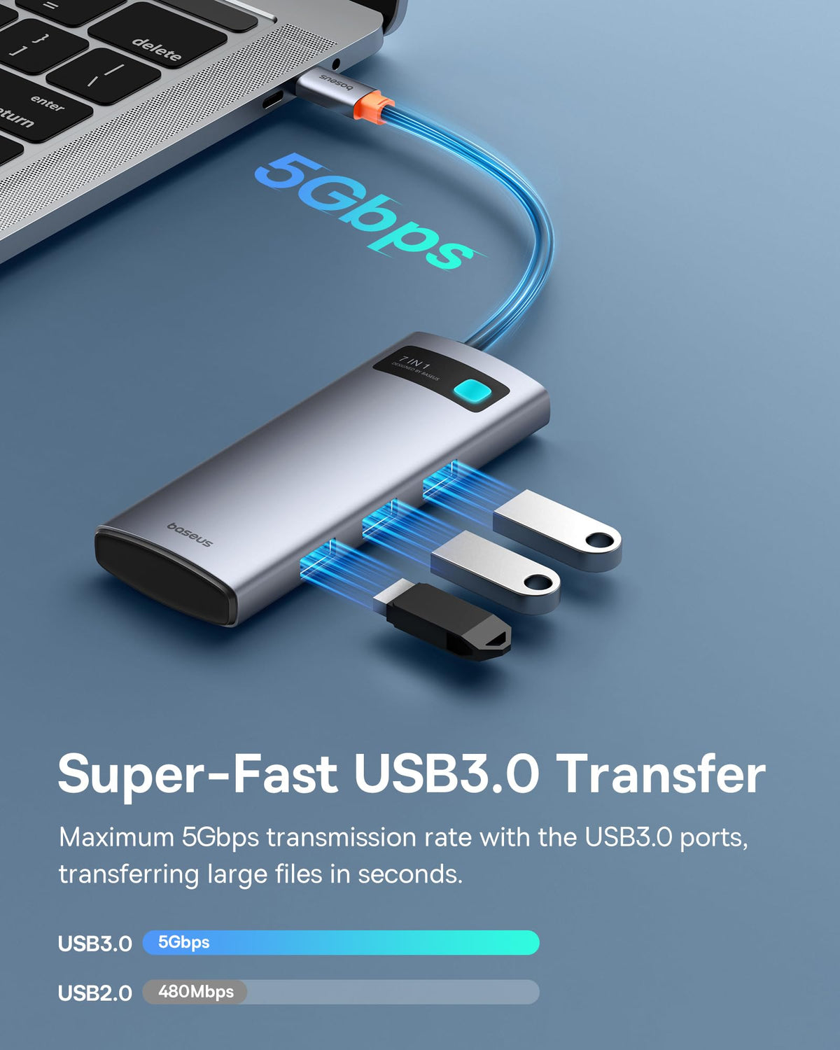 Baseus hub next to a pen demonstrating compact size and travel-friendly benefit
