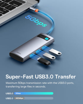 Baseus hub next to a pen demonstrating compact size and travel-friendly benefit