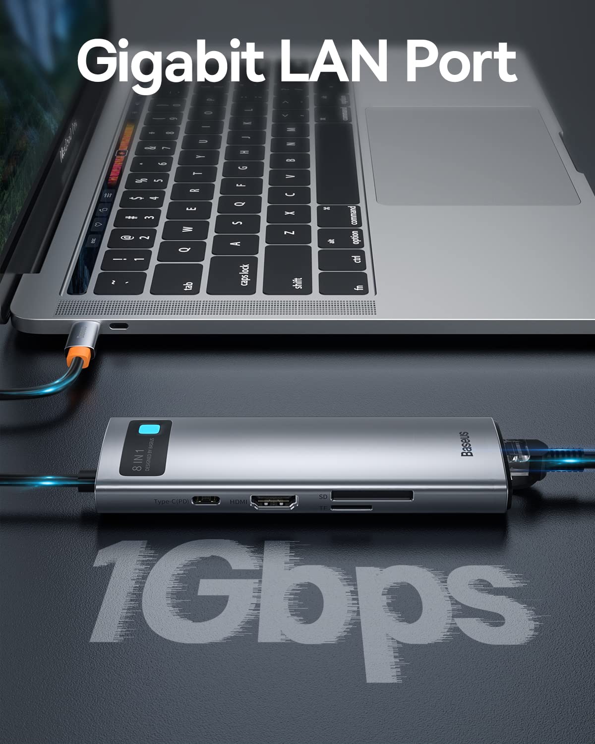 Baseus hub with ethernet cable inserted showing stable wired 1000Mbps internet advantage