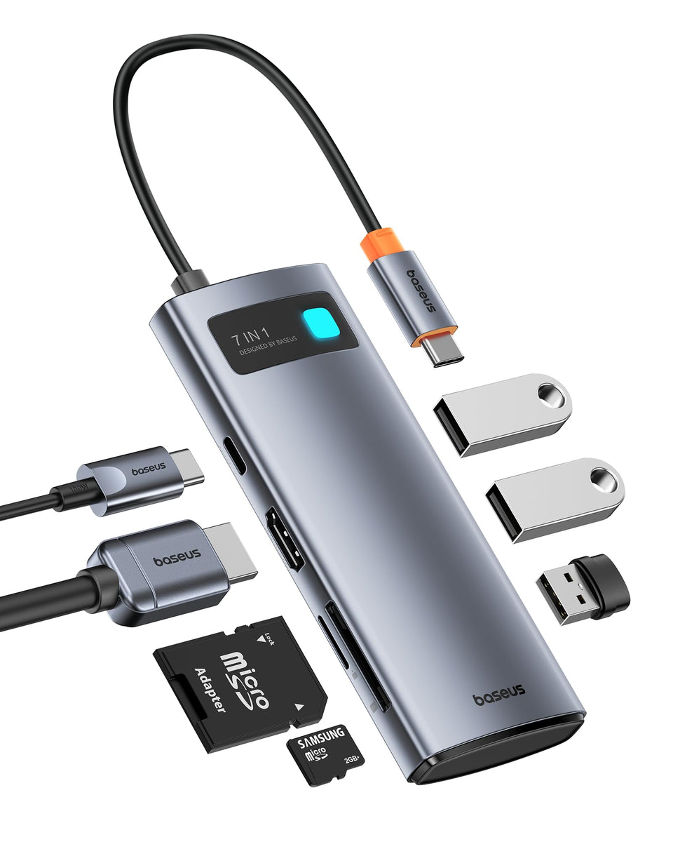 Baseus hub front view showing ports and compact design for versatile connectivity