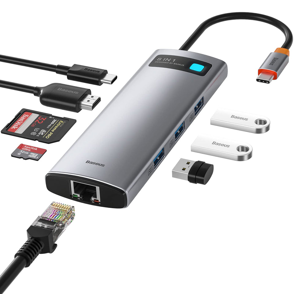 Baseus front view of 8-in-1 hub showing ports and compact design for versatile expansion