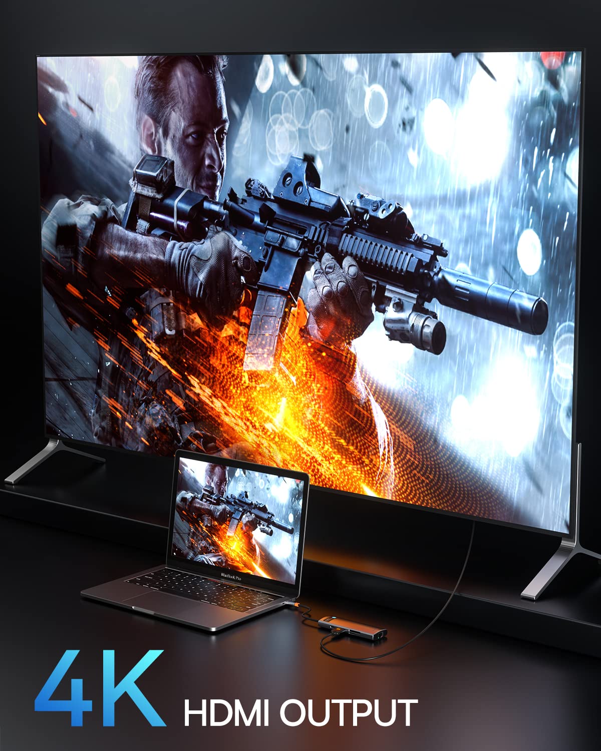 Baseus hub connected to 4K monitor demonstrating sharp external display output benefit