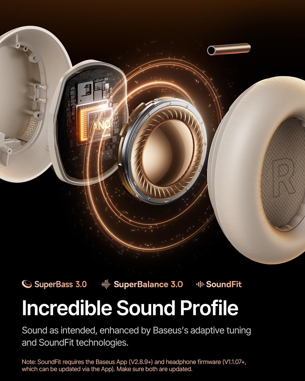 Baseus Inspire XH1 four-layer ANC architecture reduces noise up to 48 dB.