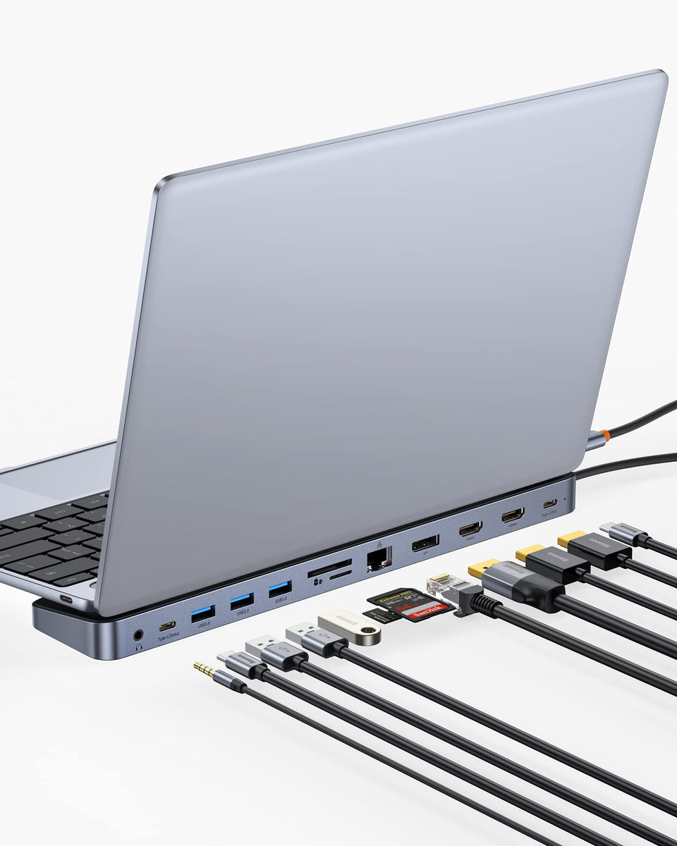 Baseus laptop docking station front view, compact 12-in-1 hub for streamlined workspaces.