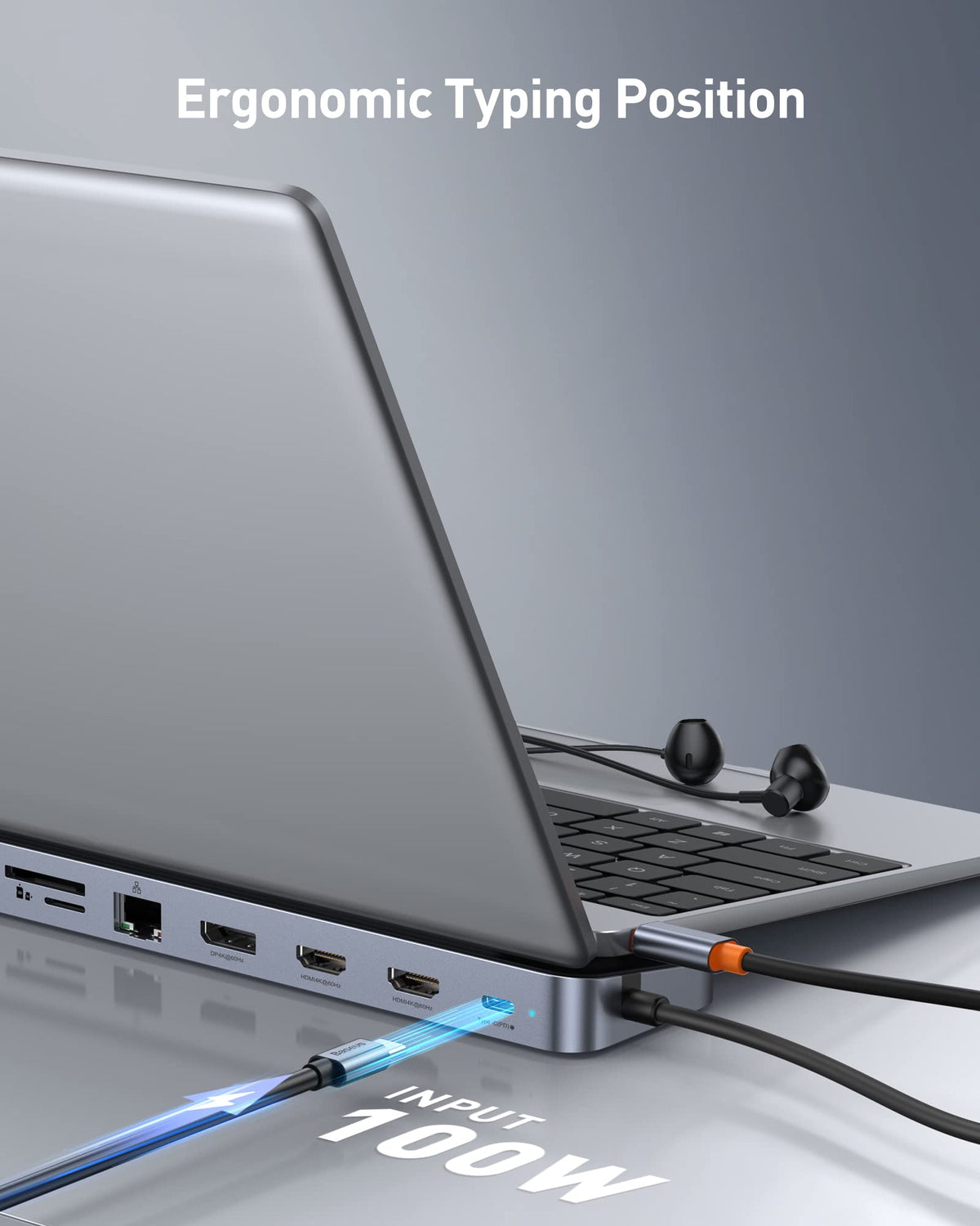 Baseus laptop dock with PD port, highlights 100W fast charging for laptops.