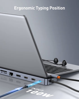 Baseus laptop dock with PD port, highlights 100W fast charging for laptops.
