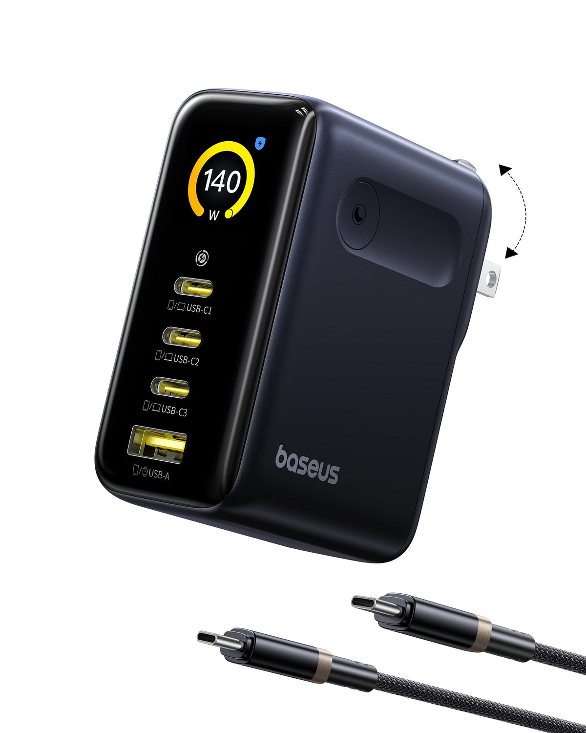 Baseus Picogo 140W charger with smart display shows power flow for safer charging.