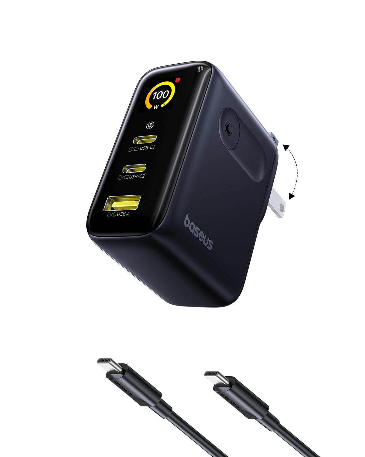 Baseus Picogo front view showing compact charger with ports and display benefiting fast charging