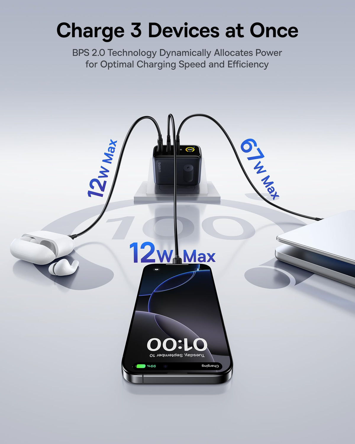 Baseus Picogo port detail with two USB‑C and one USB‑A offering versatile multi‑device charging