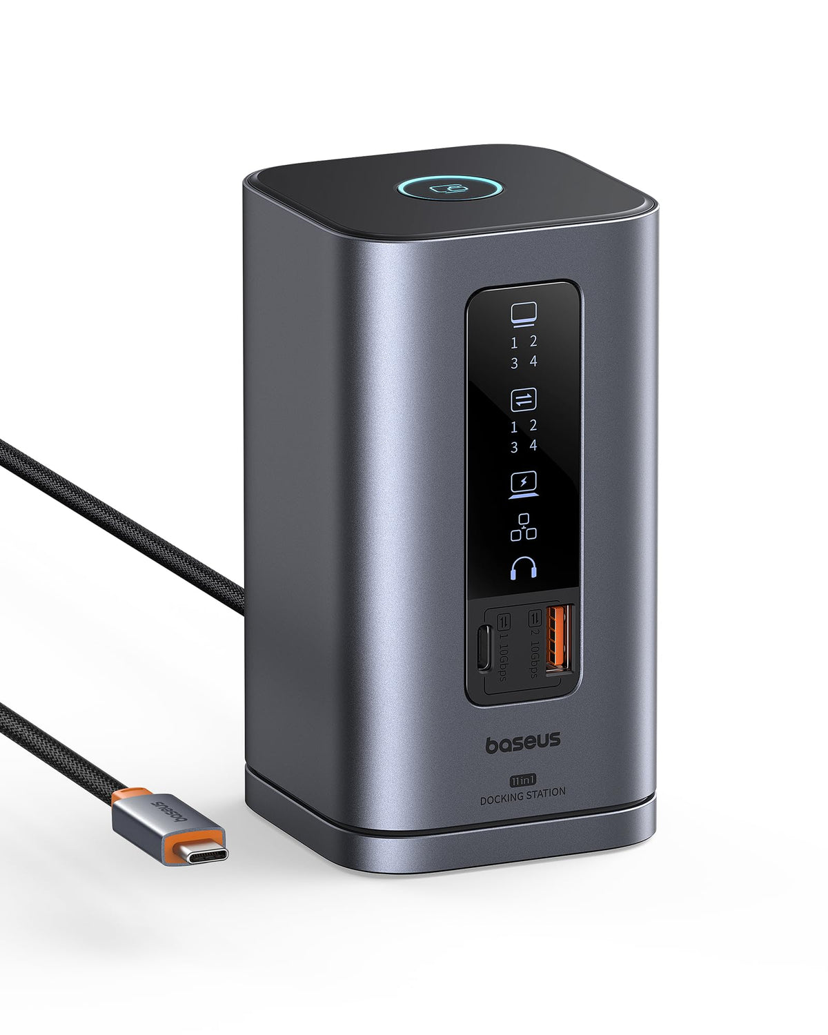 Baseus Spacemate docking station front view with sleek aluminum finish for a tidy desktop setup.