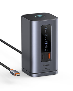 Baseus Spacemate docking station front view with sleek aluminum finish for a tidy desktop setup.