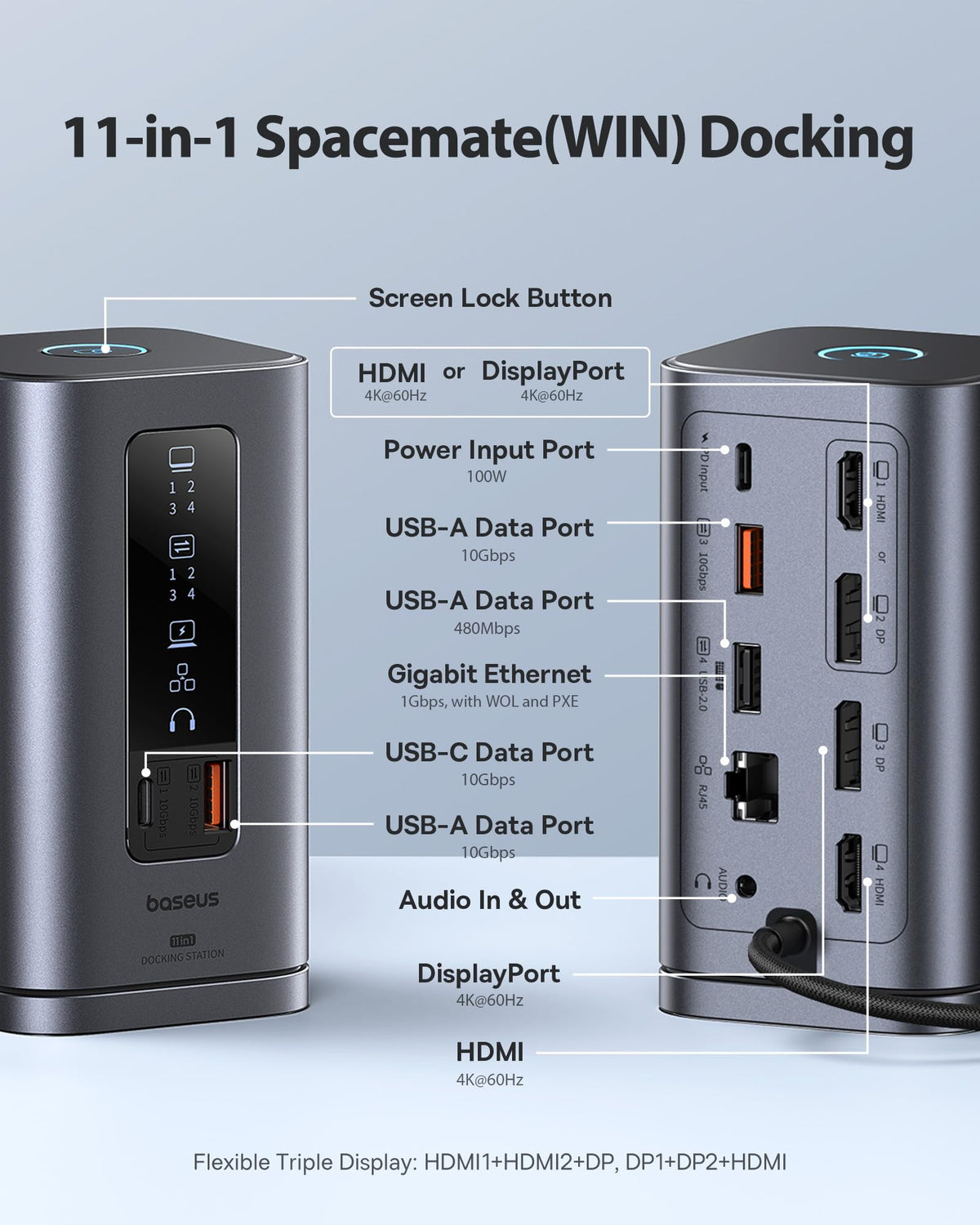 Baseus Spacemate docking station right-side ports showing HDMI, DP, and fast data transfer.