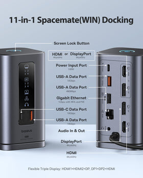 Baseus Spacemate docking station right-side ports showing HDMI, DP, and fast data transfer.
