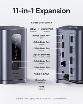 Baseus Spacemate docking ports closeup highlights 10Gbps data ports and 100W PD capability.