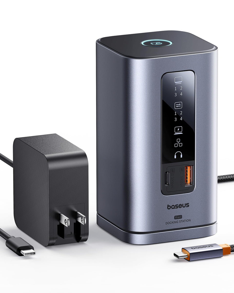 Baseus Spacemate docking station side view shows compact design and accessible ports.