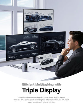Baseus Spacemate triple-display setup demonstrates 4K via HDMI and DisplayPort.