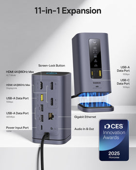 Baseus Spacemate HDMI and DisplayLink ports enabling macOS multi-monitor setup