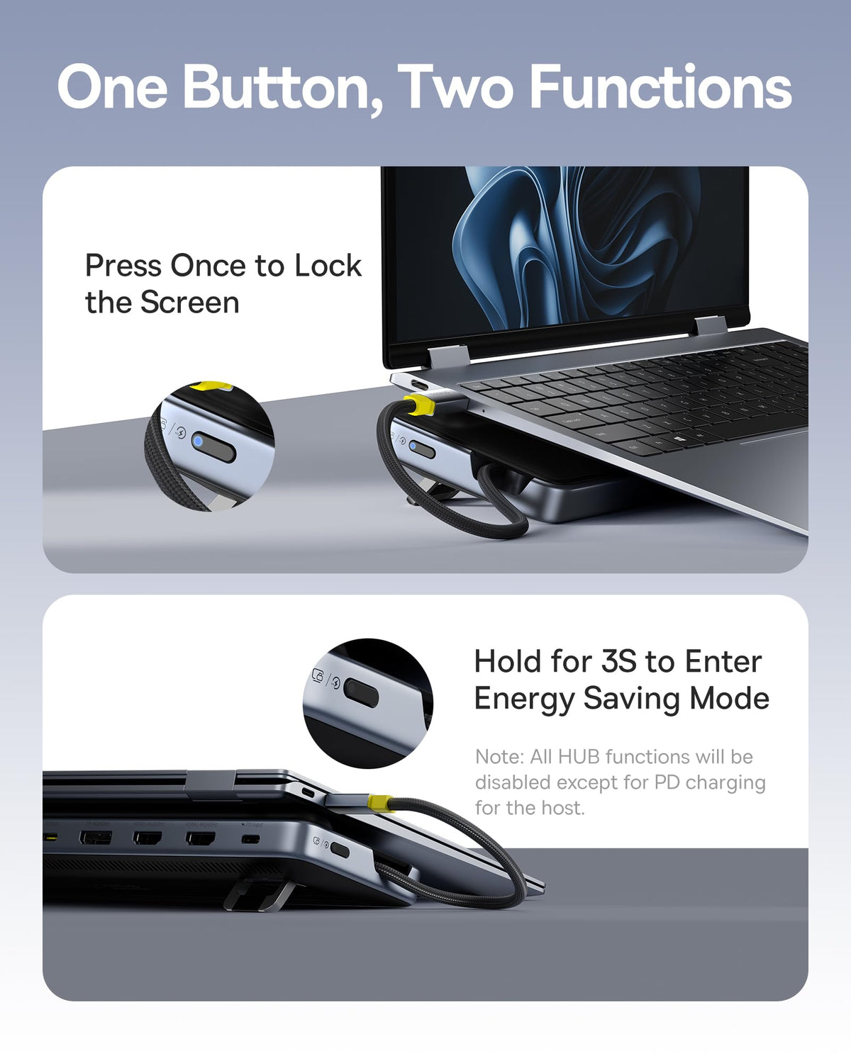 Baseus USB-C and USB-A ports offering high-speed data and peripherals