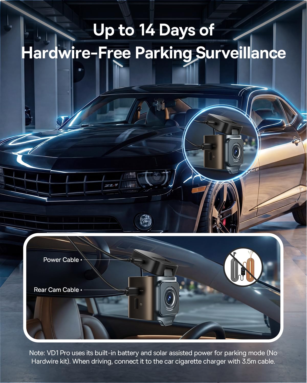Baseus VD1 Pro solar panel supplying energy for parking protection.
