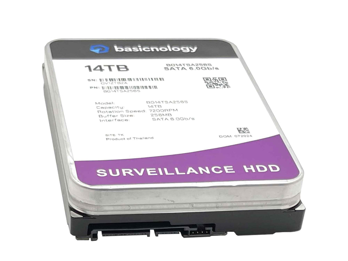 Basicnology Surveillance HDD 14TB connector ports emphasize easy DVR/NVR integration.