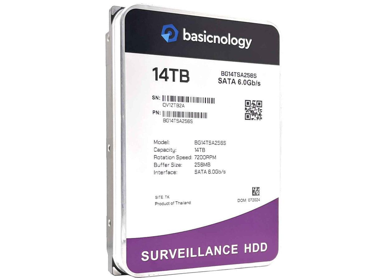 Basicnology Surveillance HDD 14TB front label highlights high capacity for continuous security recording.