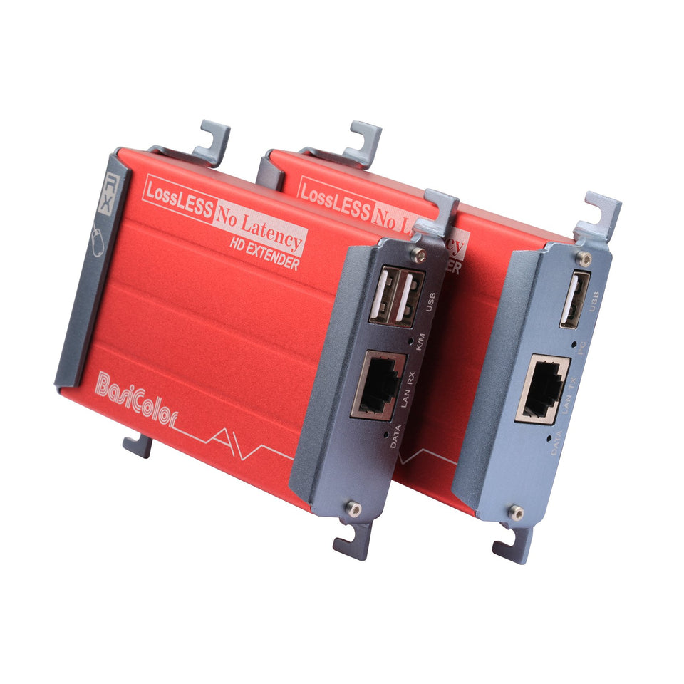 Basicolor HDMI KVM extender transmitter enabling remote, real-time control with compact housing.
